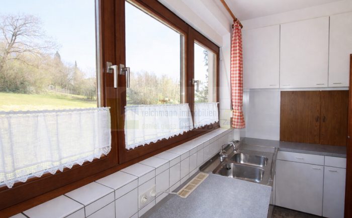 Helle Küche mit Blick ins Grüne